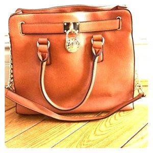 Cognac and gold handbag
